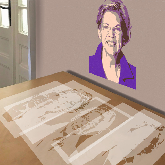 Elizabeth Warren stencil in 5 layers, simulated painting