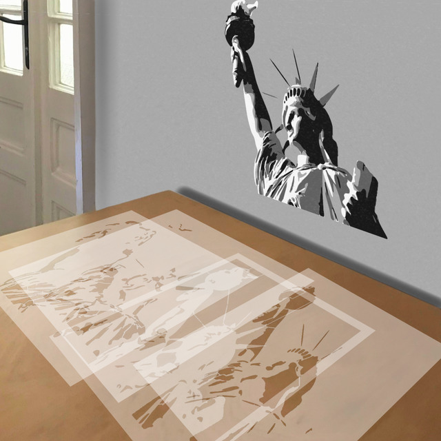 Lady Liberty stencil in 4 layers, simulated painting