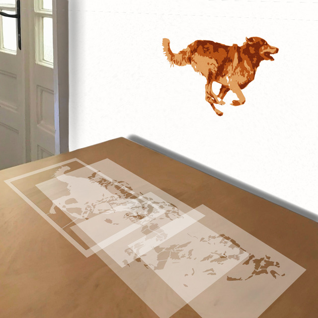 Golden Retriever Running stencil in 4 layers, simulated painting
