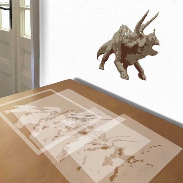 Triceratops Charging stencil in 4 layers, simulated painting