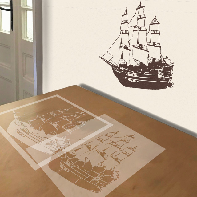 Sailing Ship stencil in 2 layers, simulated painting