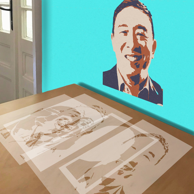Andrew Yang stencil in 4 layers, simulated painting