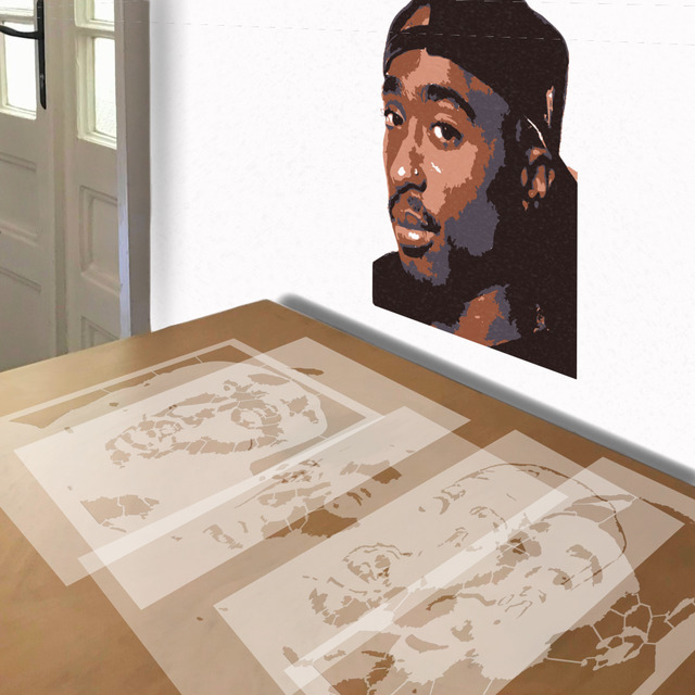 Tupac Shakur stencil in 5 layers, simulated painting