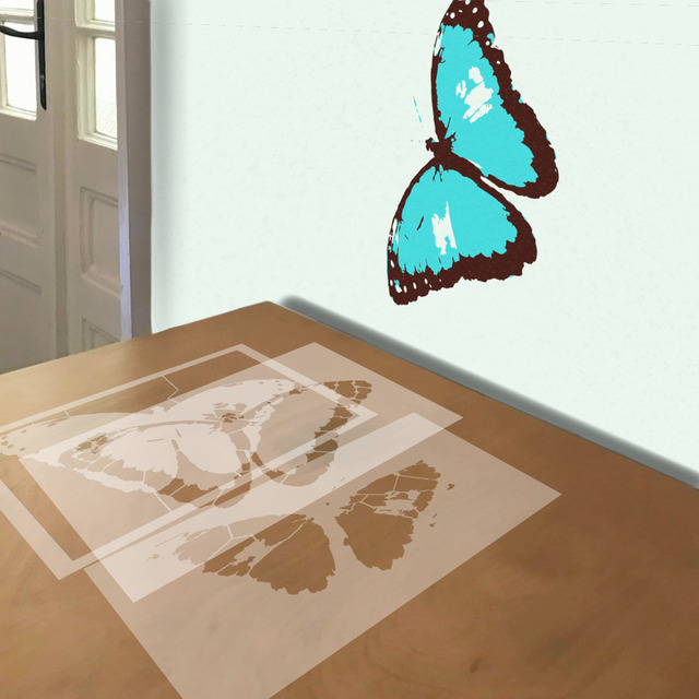 Blue Morpho Butterfly stencil in 3 layers, simulated painting