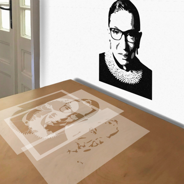 Ruth Bader Ginsburg stencil in 3 layers, simulated painting