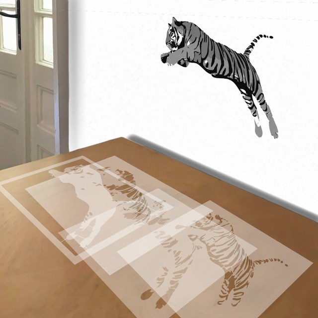 Lunging Tiger stencil in 4 layers, simulated painting