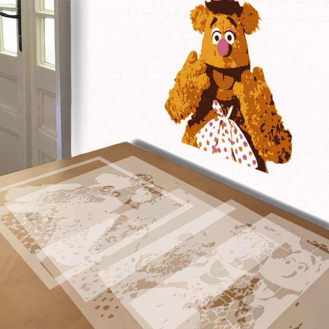 Fozzie Bear stencil in 5 layers, simulated painting