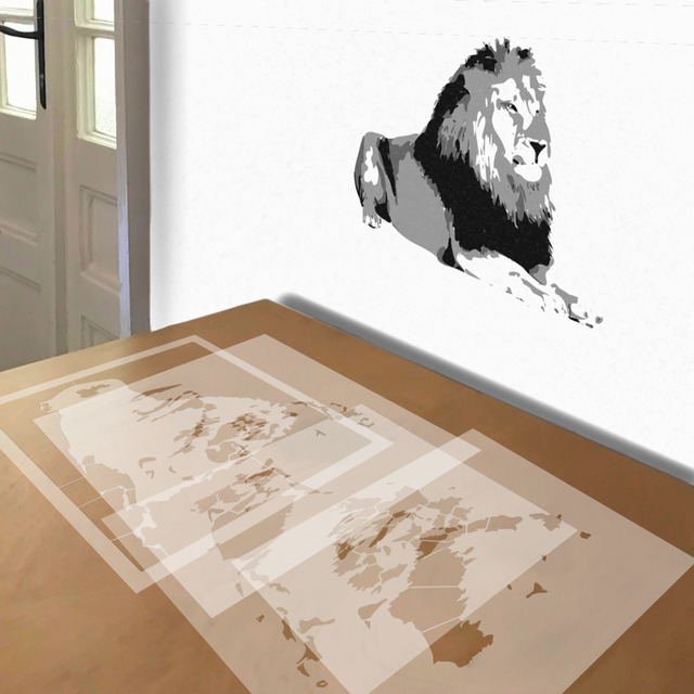 Lion in Repose stencil in 4 layers, simulated painting