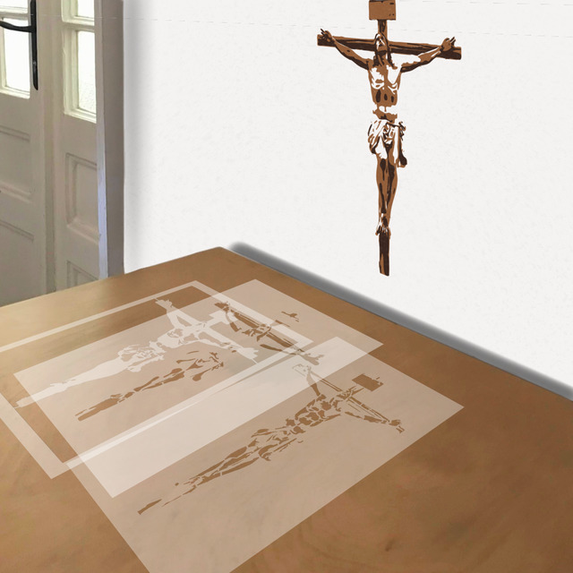 Crucifix stencil in 3 layers, simulated painting