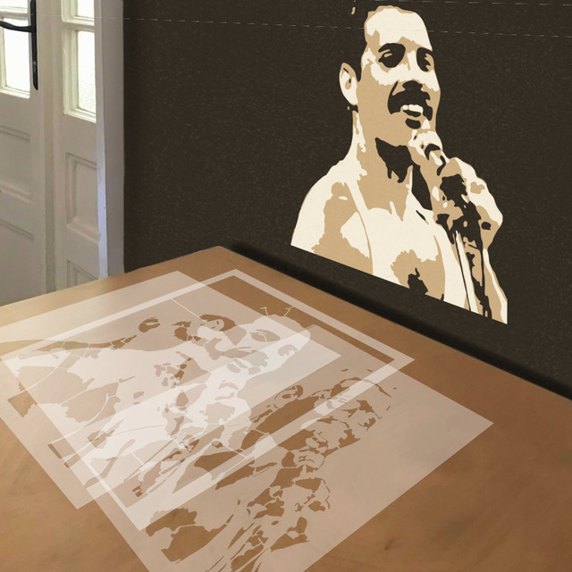 Freddie Mercury stencil in 3 layers, simulated painting