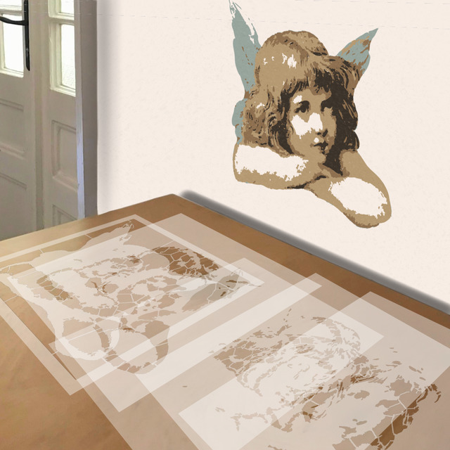 Cherub with Long Hair stencil in 5 layers, simulated painting