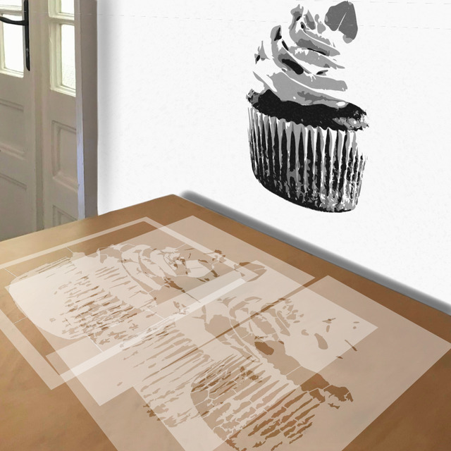 Cupcake stencil in 4 layers, simulated painting