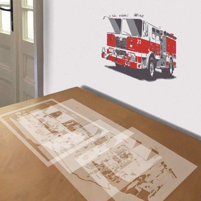 Fire Truck No. 23 stencil in 4 layers, simulated painting