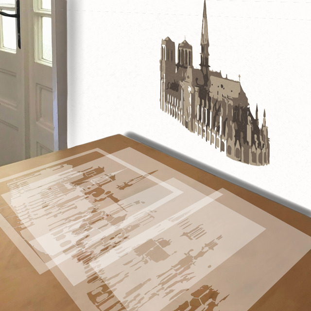 Notre Dame Cathedral stencil in 4 layers, simulated painting