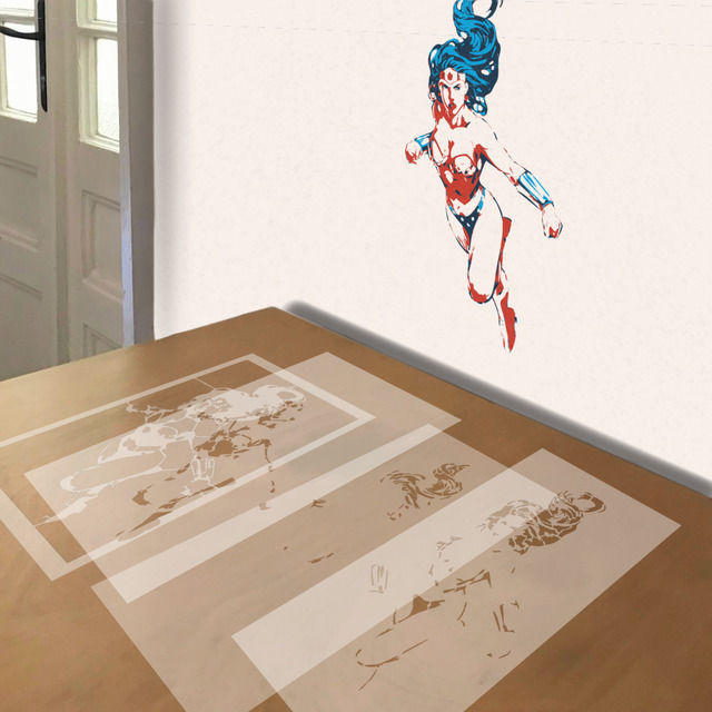 Wonder Woman stencil in 4 layers, simulated painting