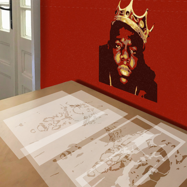 Biggie Smalls stencil in 5 layers, simulated painting
