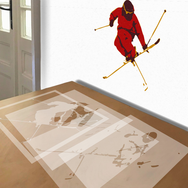 Skier Helicopter stencil in 4 layers, simulated painting