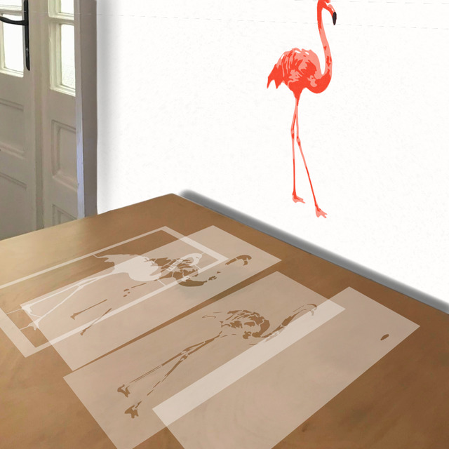 Flamingo stencil in 4 layers, simulated painting