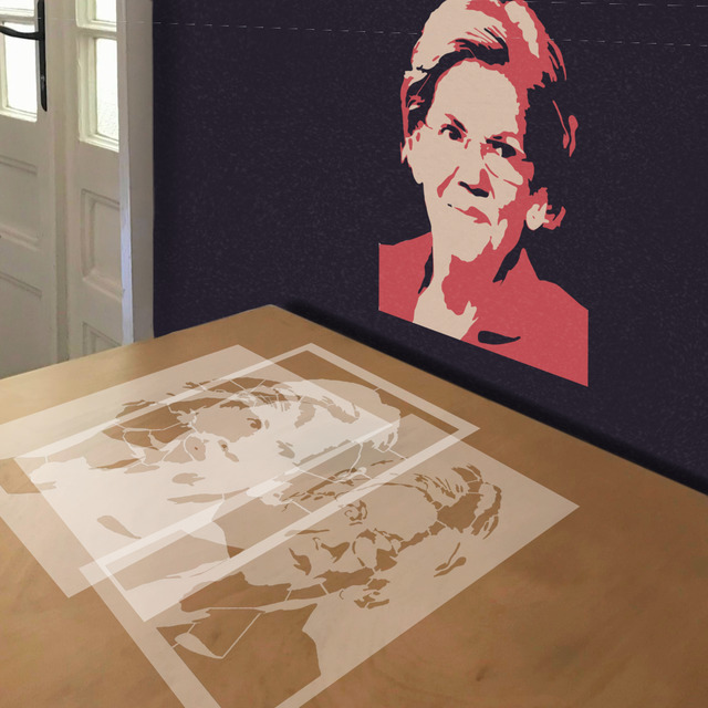 Elizabeth Warren in Red stencil in 3 layers, simulated painting
