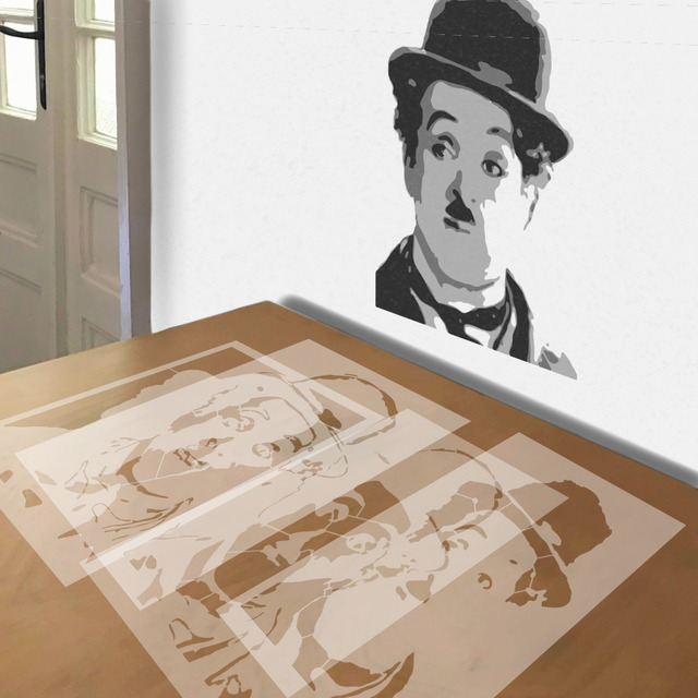 Charlie Chaplin stencil in 4 layers, simulated painting