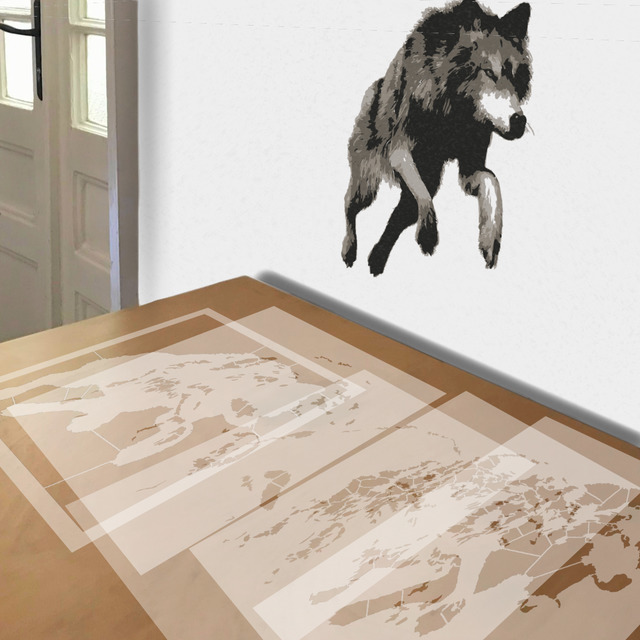 Jumping Wolf stencil in 5 layers, simulated painting