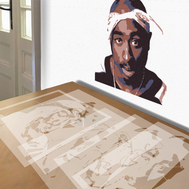 Tupac stencil in 5 layers, simulated painting