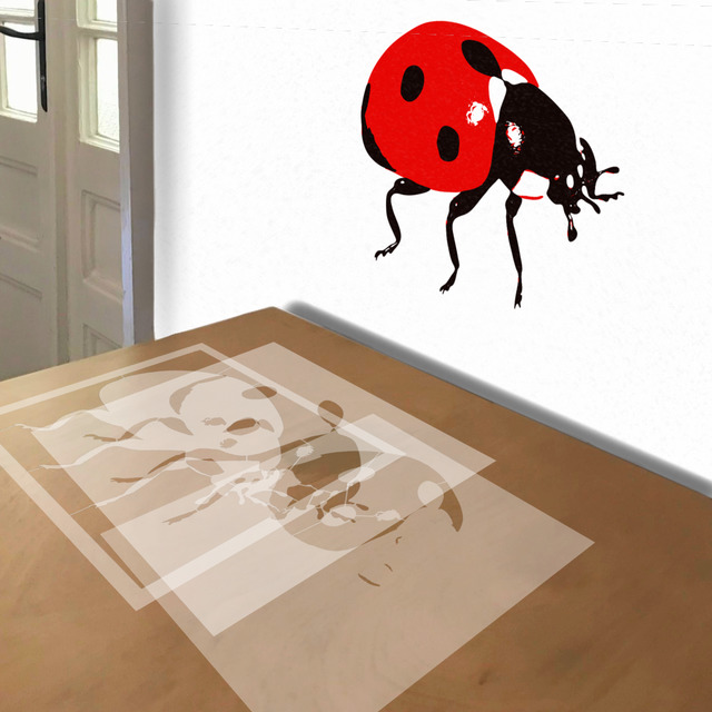 Ladybug stencil in 3 layers, simulated painting