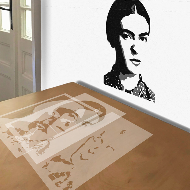Early Frida Kahlo stencil in 3 layers, simulated painting