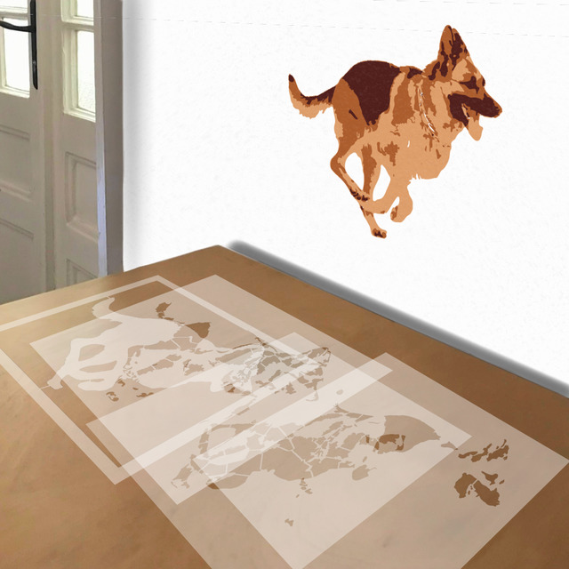German Shepherd Running stencil in 4 layers, simulated painting