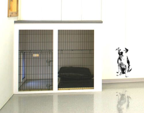Dog image stenciled inside garage near kennel