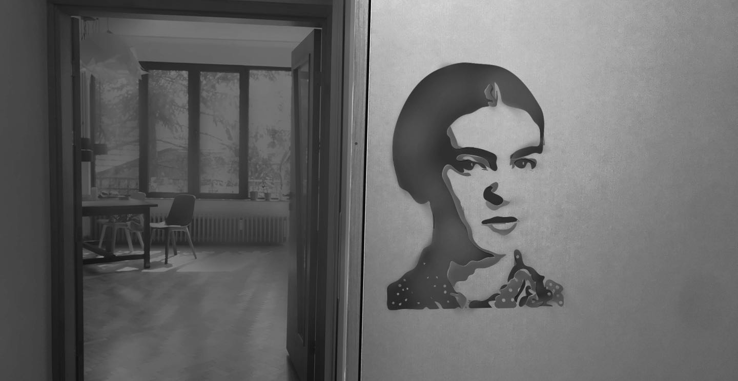 hallway with Frida Kahlo stencil painting