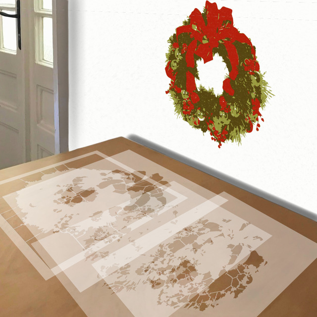 Christmas Wreath stencil in 4 layers, simulated painting