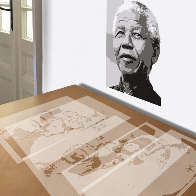 Nelson Mandela stencil in 5 layers, simulated painting