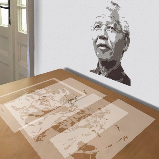 Nelson Mandela stencil in 4 layers, simulated painting