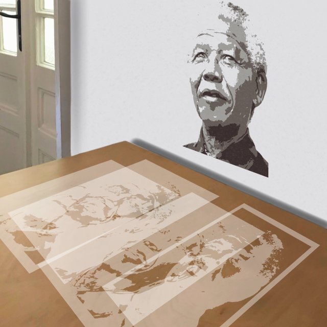 Nelson Mandela stencil in 4 layers, simulated painting