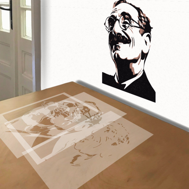 Groucho Marx stencil in 3 layers, simulated painting