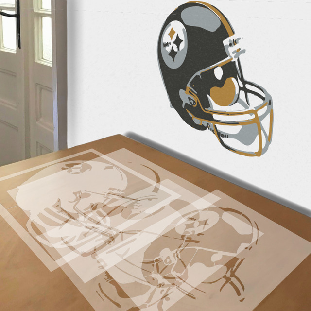 Simulated painting of stencil of Steelers Helmet