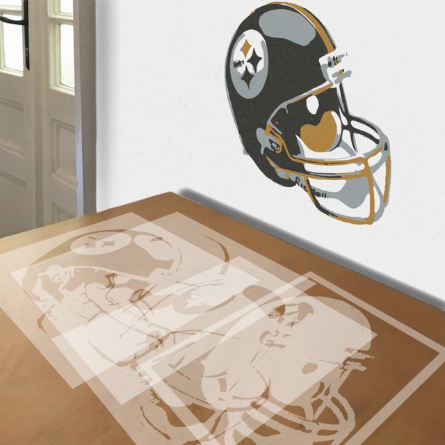 Steelers Helmet stencil in 4 layers, simulated painting