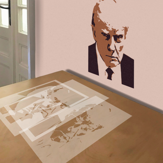 Trump Mugshot stencil in 3 layers, simulated painting