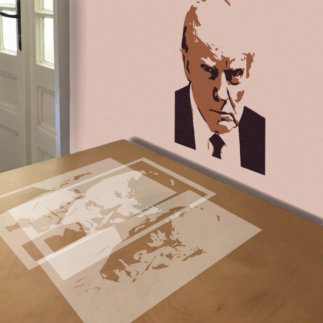 Trump Mugshot stencil in 3 layers, simulated painting