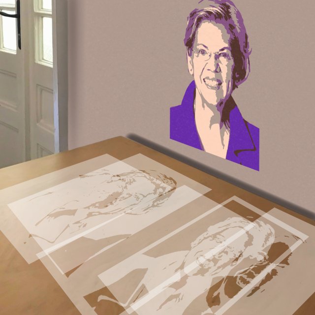 Elizabeth Warren stencil in 5 layers, simulated painting