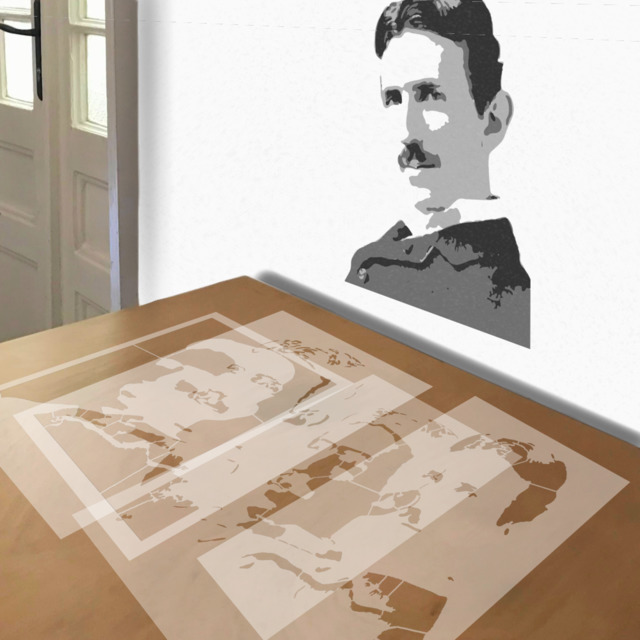Nikola Tesla stencil in 4 layers, simulated painting
