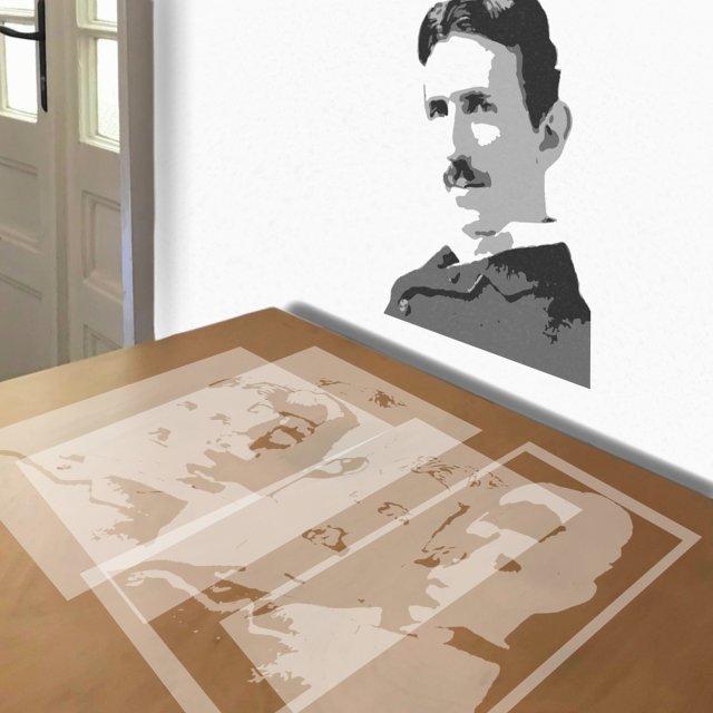 Nikola Tesla stencil in 4 layers, simulated painting