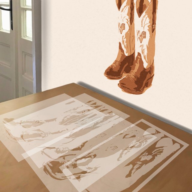 Cowboy Boots stencil in 4 layers, simulated painting