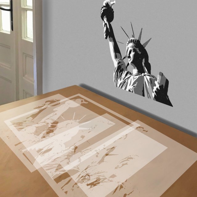 Lady Liberty stencil in 4 layers, simulated painting