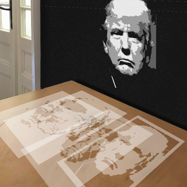 Donald Trump Apprentice stencil in 4 layers, simulated painting
