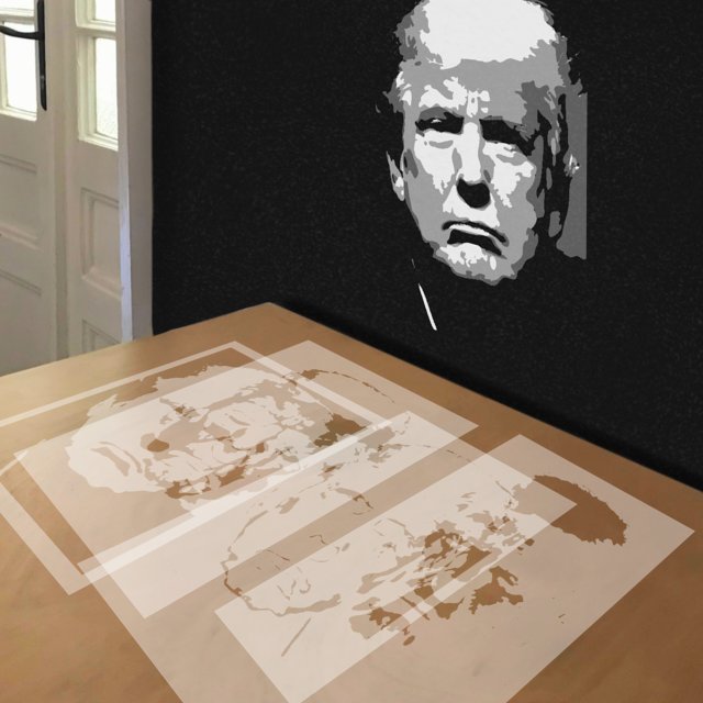 Donald Trump Apprentice stencil in 4 layers, simulated painting