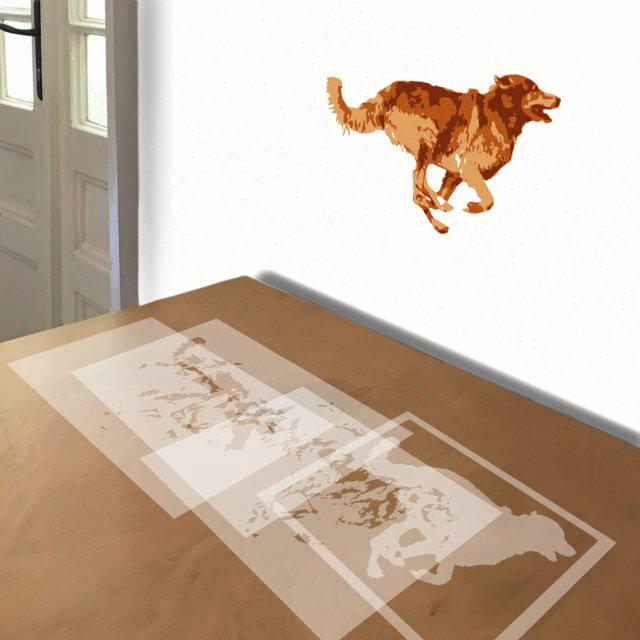 Golden Retriever Running stencil in 4 layers, simulated painting