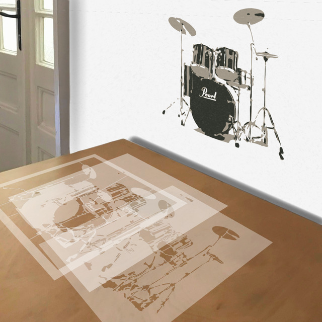 Drum Kit stencil in 3 layers, simulated painting