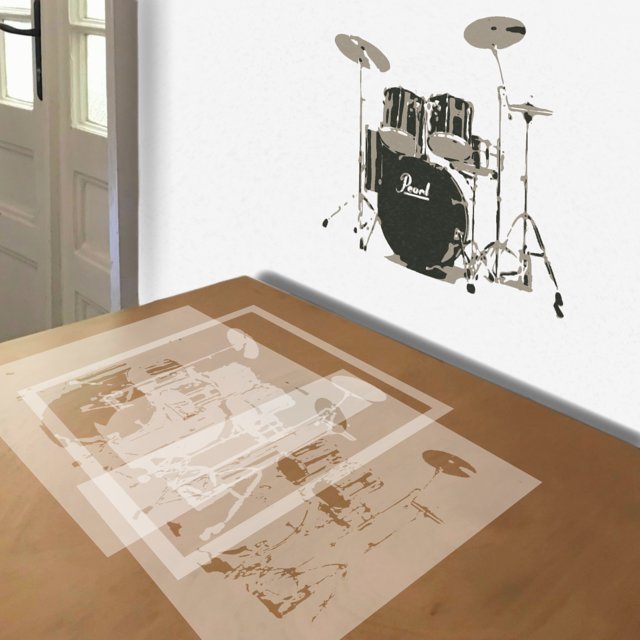 Drum Kit stencil in 3 layers, simulated painting